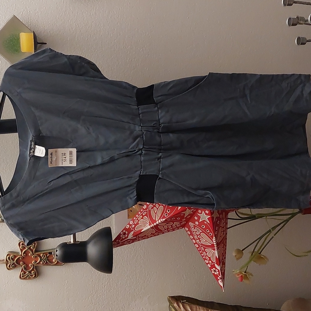 Blue gray dress with elastic waist and pockets